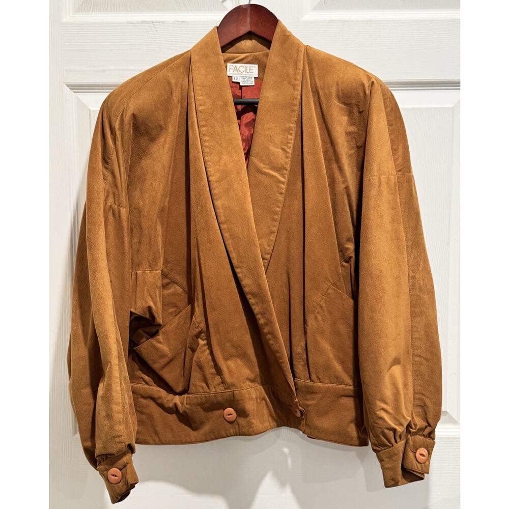 Vintage 80's Tan Ultra Suede Jacket FACILE Dolman Sleeve Jacket Coat Size 12